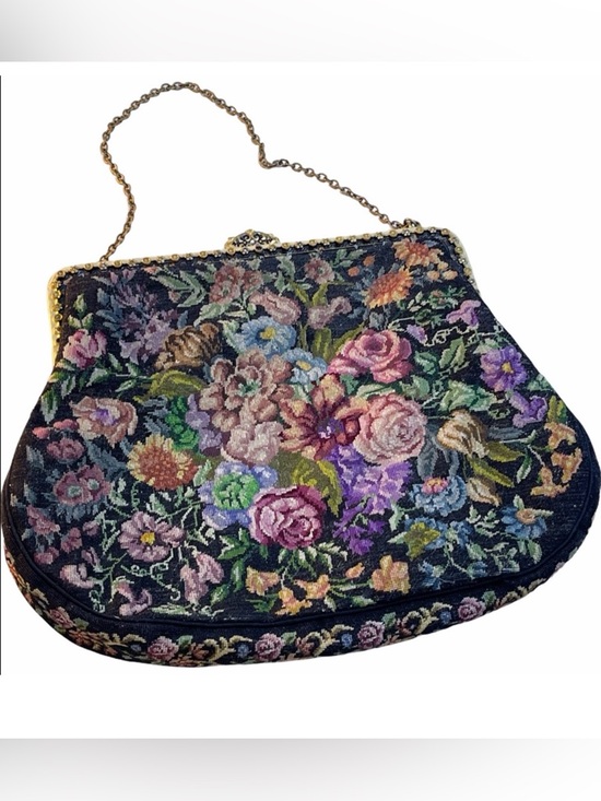 Antique Handbags - Victorian Handmade petite point Purse flowers Antique needlepoint